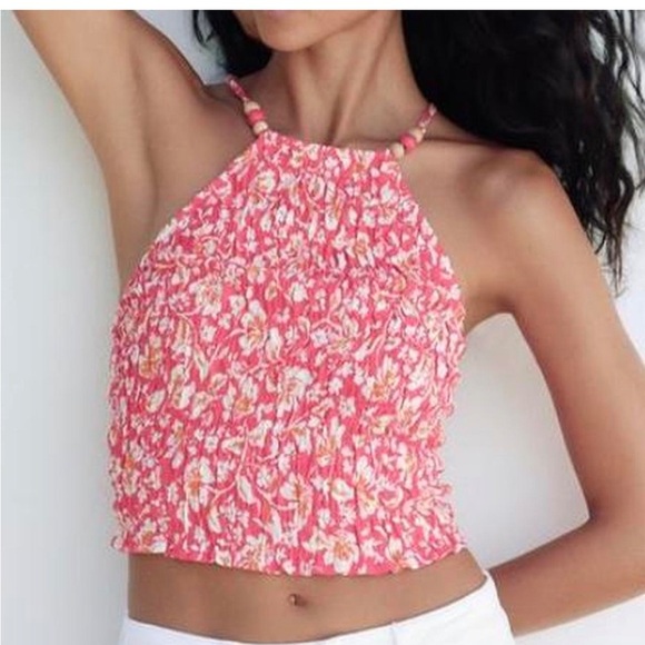 Zara Floral Pink Halter Crop Top Stretch elastic smocking wrap top in L- NWT - Picture 1 of 8